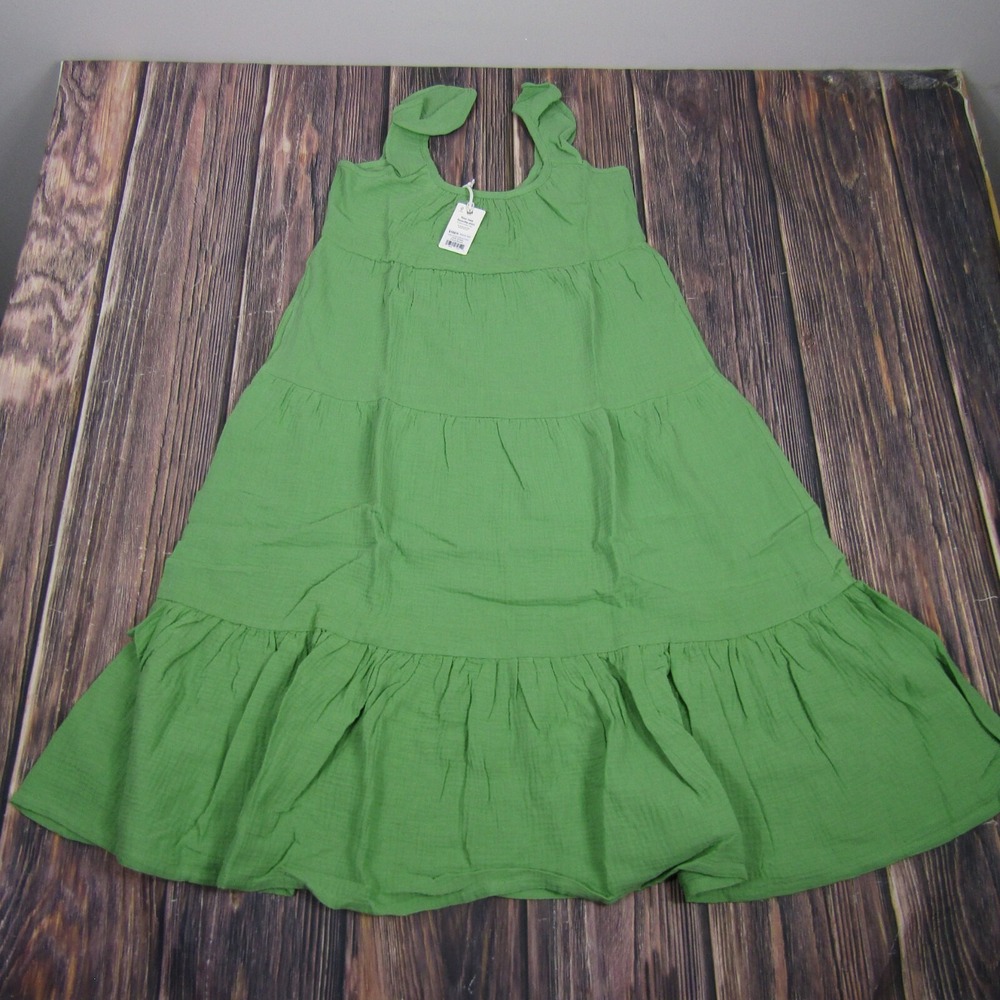 Faherty Jude Flutter Sleeve Dress Women XS Jade Sheen Green Cotton Tiered Midi